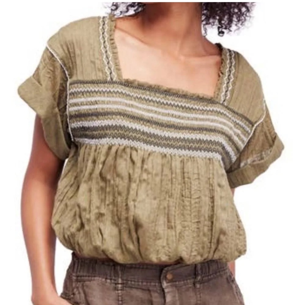 Free People Wandering Skies Cropped Embroidered Moss Green Blouse/Top, Size XS - Picture 3 of 8